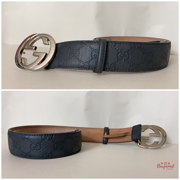 Authentic Gucci Gray Guccissima Leather Silver Interlocking G Buckle Belt 85/34 - Picture 11 of 12